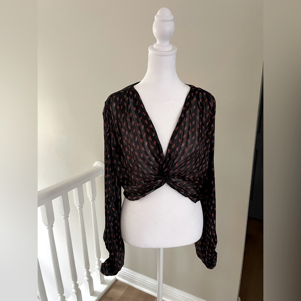 Zara Black Twist-Front Cropped Long-Sleeve Top